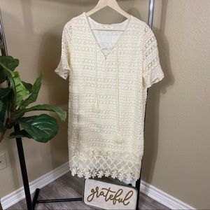 Easel brand lace and linen sheath dress